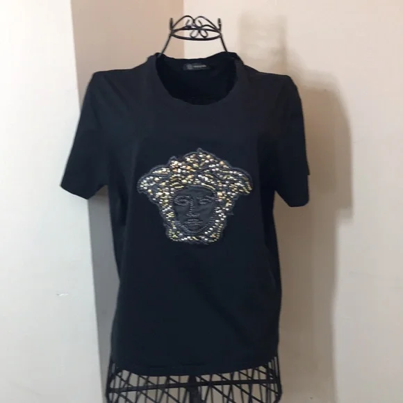 GIANNI VERSACE Black & Gold Beaded Medusa T-Shirt - Picture 3 of 9
